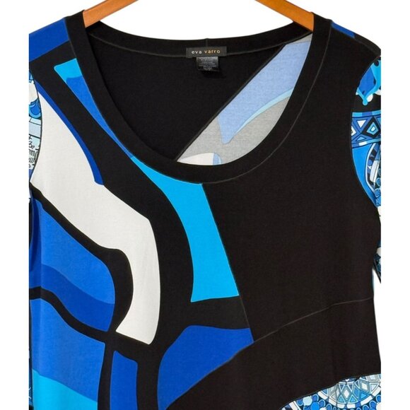 Eva Varro Black Turquoise & White Geometric Design Tunic Top Jersey Knit Size XL - Picture 2 of 6